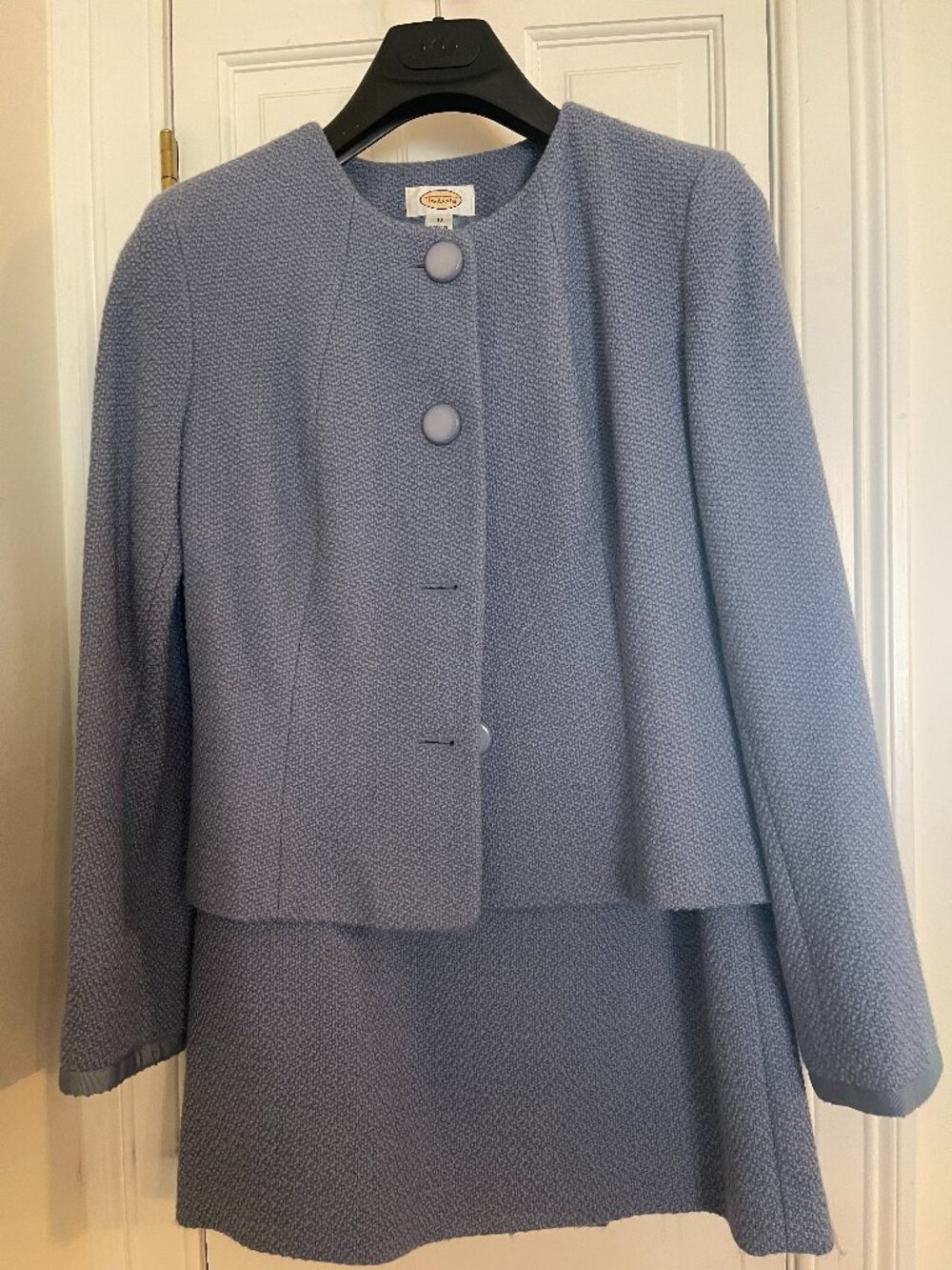 Talbots Blue Tweed Skirt Suit Set Collarless Cropped Blazer Size 10 Like New
